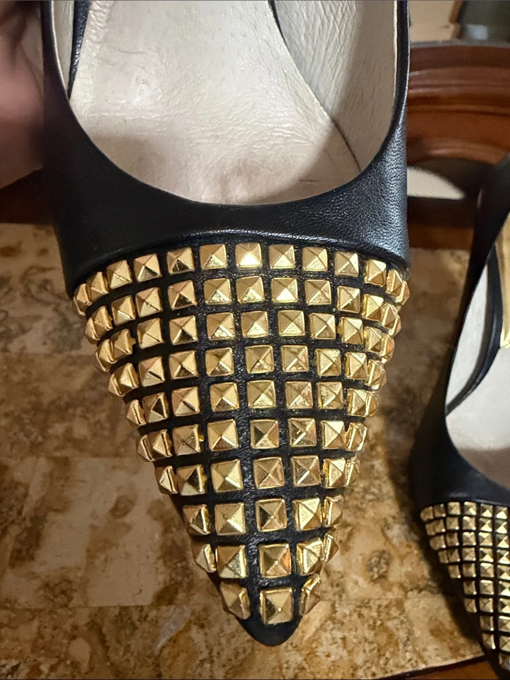 Michael Kors Black Leather Pointed-Toe Pumps with Gold Studs